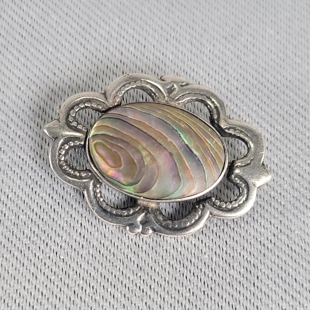 Vintage Sterling Silver Abalone Shell Scalloped Oval Brooch Pin 925 3.9g